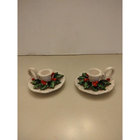 Set of 2 Vintage 1962 Holt Howard Holly & Berries Candle Holders - Picture 1 of 5
